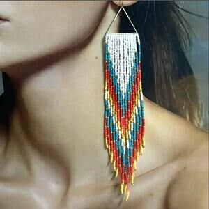 Geometric Fringe Beaded Triangle Rainbow Earrings